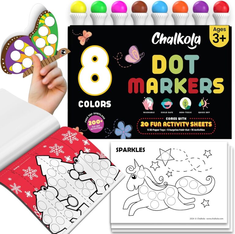 Chalkola 8 Washable Dot Markers for Toddlers – Non Toxic Paint Dotters, Bingo Daubers | Dot Art Markers, Paint Dot Markers for Kids with 20 Page Free Activity Book – Ages 1, 2,3, 4 + Years