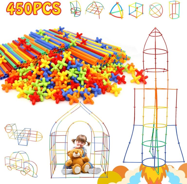 Creative Straw STEM Building Toys 450Pcs Aged for 3-5 5-7 Preschool Kids Constructor Toy Thin Tube Toy DIY Educational Interlocking Plastic Engineering Toys Kit for Boys and Girls