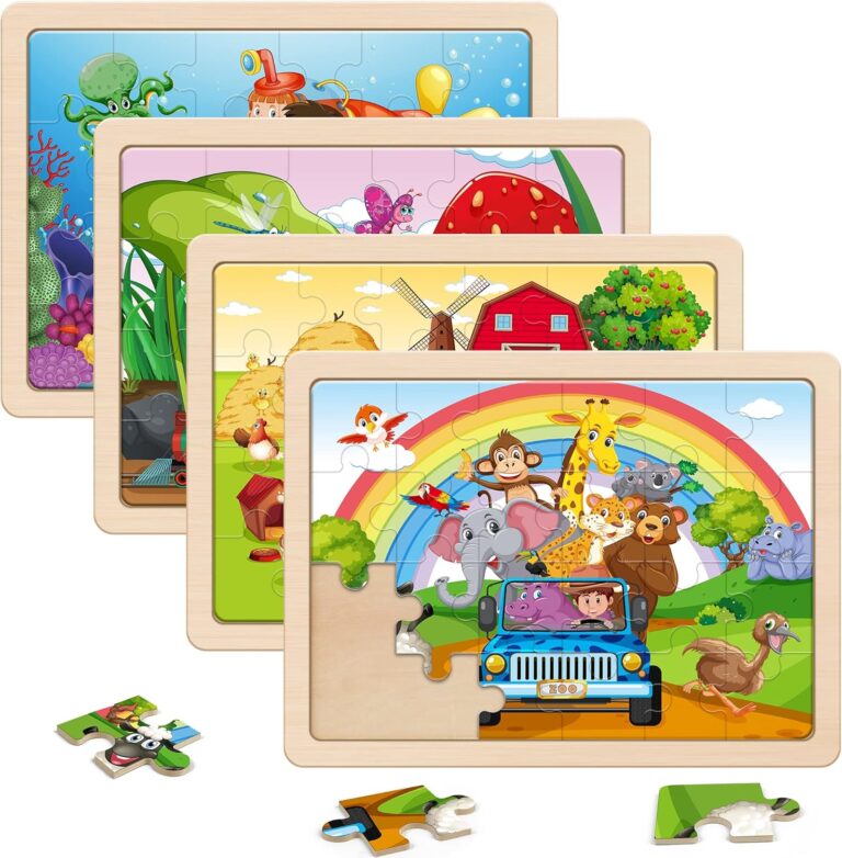 SYNARRY Large Animals Wooden Puzzles for Kids 4 in 1 Gift Box(12.2 * 9.4 in) – FSC Certified, Jigsaw Puzzles for Toddlers 2-4, Puzzles for Kids Ages 4-6, Wood Toys Gifts for 3 4 5 Year Old Boys Girls