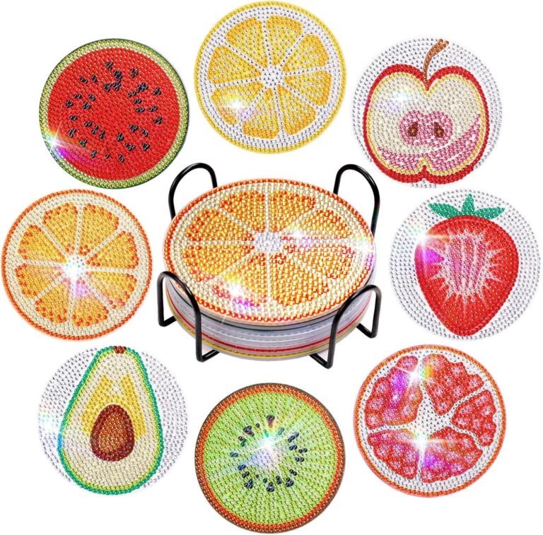 HAUTOCO 8pcs Diamond Art Painting Coasters Kits with Holder Diamond Art Coasters Kit DIY Coaster Diamond Art and Craft for Adults Beginners Present Decor, Fruit