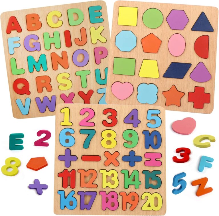 Puzzles for Toddlers, 3 Pack Wooden ABC Alphabet Number Shape Puzzles Toddler Learning Toys for Kids 2-4 Years Boys Girls, Montessori Preschool Educational Gift Learning Letter Puzzles Toys Ages 1-3