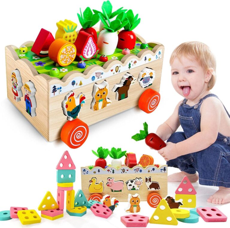 Monti Kids Montessori Toys 1 Year Old, Carrots Harvest Game, Wooden Shape Sorting Toys Gifts for Kids Age 1-3, Preschool Learning Fine Motor Skills Game with Vegetables & Farm Animals Blocks