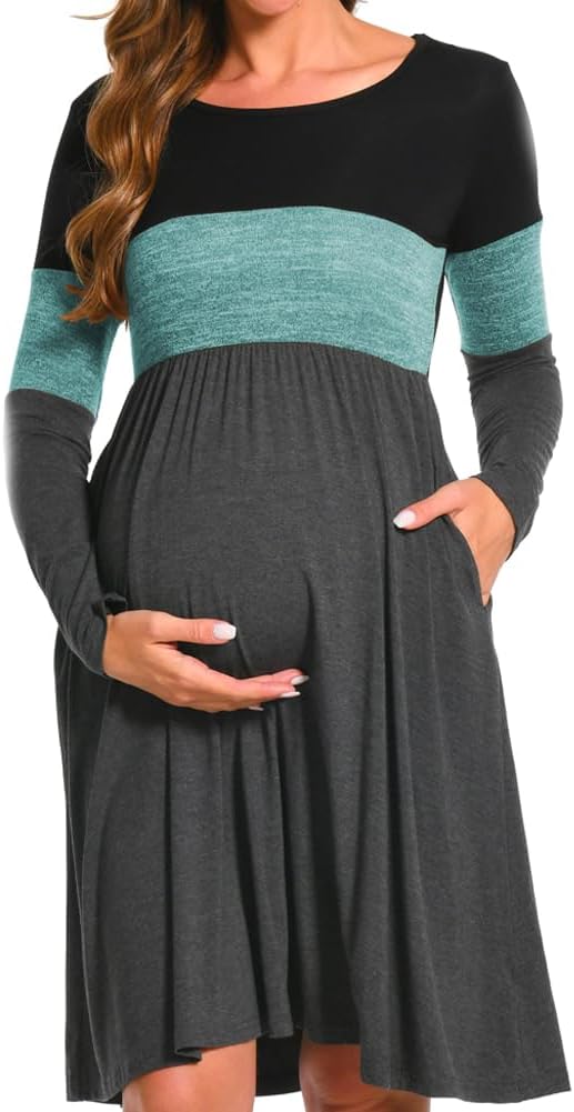 Bearsland Women’s Long Sleeve Maternity Dresses Patchwork Pregnancy Dress with Pocket