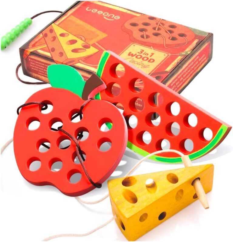 Lacing Toy for Toddlers, Fine Motor Skill Toys for 3 Year Old, Educational Learning Montessori Activity for Baby Kids, Car Plane Travel Games, Wooden Threading Toys 1 Apple,1 Watermelon, 1 Cheese.