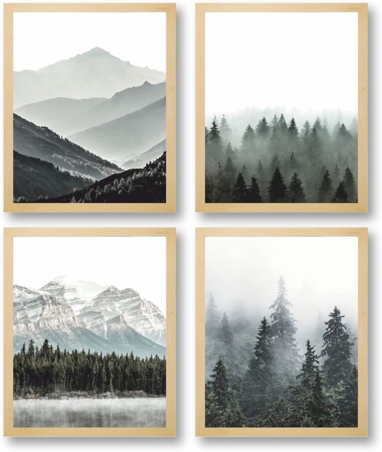 PoyBux Design Set Of 4 UNFRAMED (8”x10”) Natural Mountain Wall Art Poster Prints, Green Foggy Mountains Nature Wilderness Photography Abstract Rustic Aerial Prints Home Artwork Decoration for