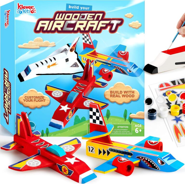 Klever Kits Build & Paint Your Own Wooden Airplane – DIY 3D Wood Craft Kit with 3 Airplane Toys, Arts and Crafts Projects for Kids Ages 6+, Easy To Assemble Birthday Party Gifts for Boys 6-12 Year Old